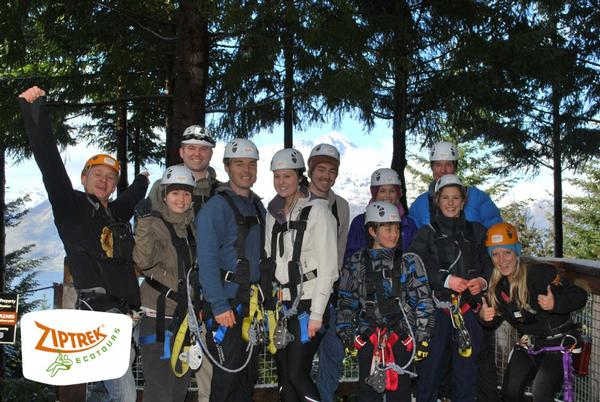 First Ziptrek Kea tour of the day.  (L to R) Tom Rhodes, Sarah Wilkinson, Richard Shenton,  Steve Spencer, Leanne O'Brien, Matthew Brendan Pavletich, Tomas Whelan Henderson,  Alexandra Sevier, Douglas Henderson, Olivia Whelan Henderson, Hayley Smith.